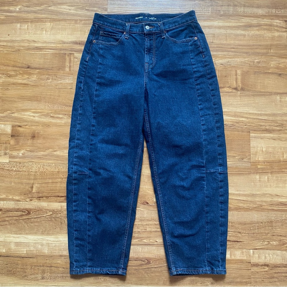 Old Navy 10 High Rise Baggy Barrel Leg Dark Blue Jeans 30x26 Evie Ankle Stretch